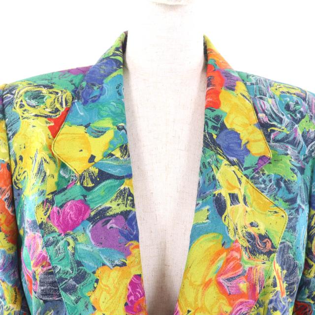 極美品★LEONARD FASHION レオナール ファッション シルク100％ ロゴ金ボタン付 花柄 テーラードジャケット マルチ 11 レディース_3