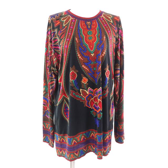 極美品★LEONARD レオナール シルク100% ネイティブ柄 クルーネック 長袖 ブラウス トップス マルチ Lサイズ相当 レディース