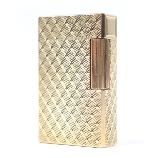 外装極美品□Dupont デュポン ライン1 ロング ダイヤモンド チェック柄 スクエア ガスライター ゴールド フランス製 メンズ 着火不可