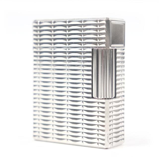 外装極美品□Dupont デュポンライン1 ショート ウェーブ ストライプ柄 スクエア 喫煙具 ガスライター シルバー フランス製 着火不可