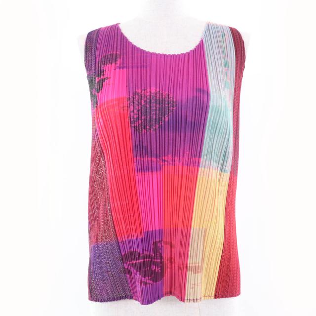 極美品☆PLEATS PLEASE プリーツプリーズ イッセイミヤケ PP12-JK611 ノースリーブ カットソー マルチカラー 4 日本製 正規品 レディース
