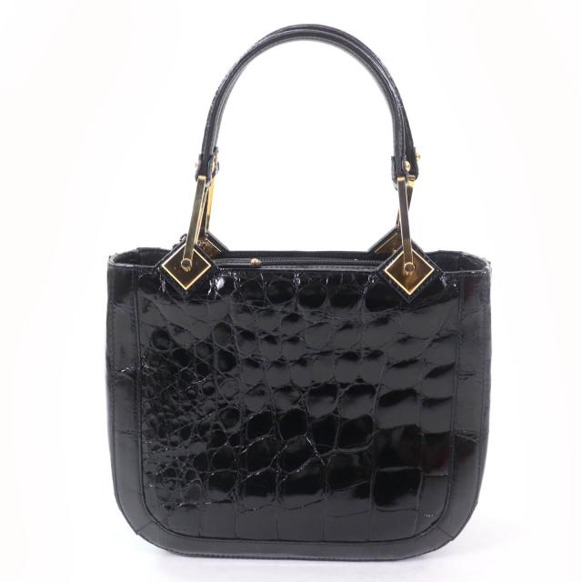 美品☆Clair クレア JRAタグ付 シャインクロコダイルレザー ハンドバッグ ブラック ゴールド金具 日本製 レディース