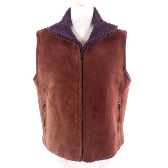 良品△HERMES エルメス ヴィンテージ マルジェラ期 AUXPAYS DES EPICES スパイスの国で シルク100％ ムートン切替 ベスト ブラウン 42