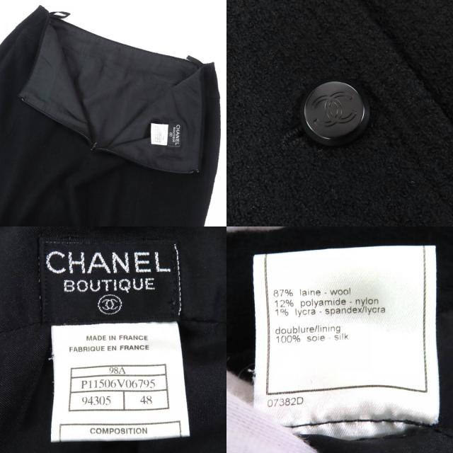 極美品△CHANEL シャネル ヴィンテージ 98A P11506 ウール ココマークボタン ウールツイードジャケット スカート セットアップ 黒 希少48_8