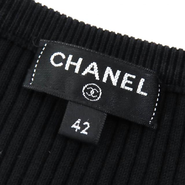 美品△CHANEL シャネル P58595 コットン ココマーク金具 総織柄 半袖 ニット ワンピース ブラック 42 フランス製 正規品 レディース_5