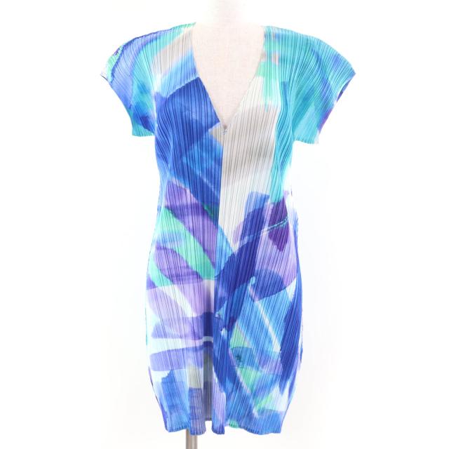 美品☆PLEATS PLEASE プリーツプリーズ イッセイミヤケ PP01-JT688 水彩柄 半袖 ワンピース ブルー系 3 日本製 正規品 レディース