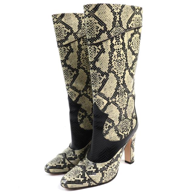 美品△GUCCI グッチ 699416 パイソン柄 サイドジップ レザー ロングブーツ ハイヒール ベージュ ブラック 37 イタリア製 レディース