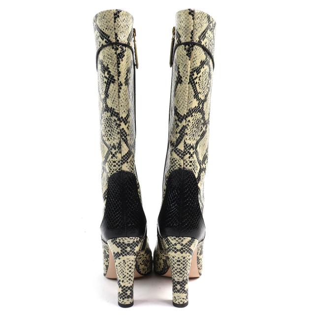 美品△GUCCI グッチ 699416 パイソン柄 サイドジップ レザー ロングブーツ ハイヒール ベージュ ブラック 37 イタリア製 レディース_3
