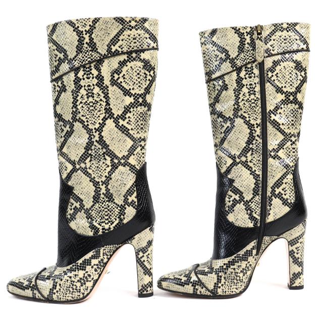 美品△GUCCI グッチ 699416 パイソン柄 サイドジップ レザー ロングブーツ ハイヒール ベージュ ブラック 37 イタリア製 レディース_1