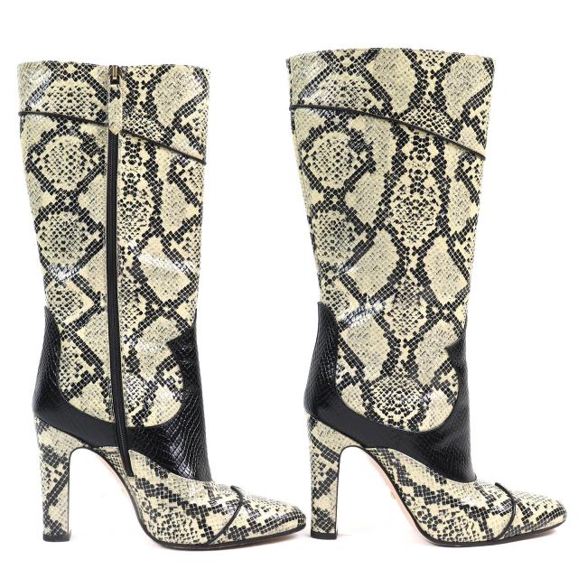 美品△GUCCI グッチ 699416 パイソン柄 サイドジップ レザー ロングブーツ ハイヒール ベージュ ブラック 37 イタリア製 レディース_2