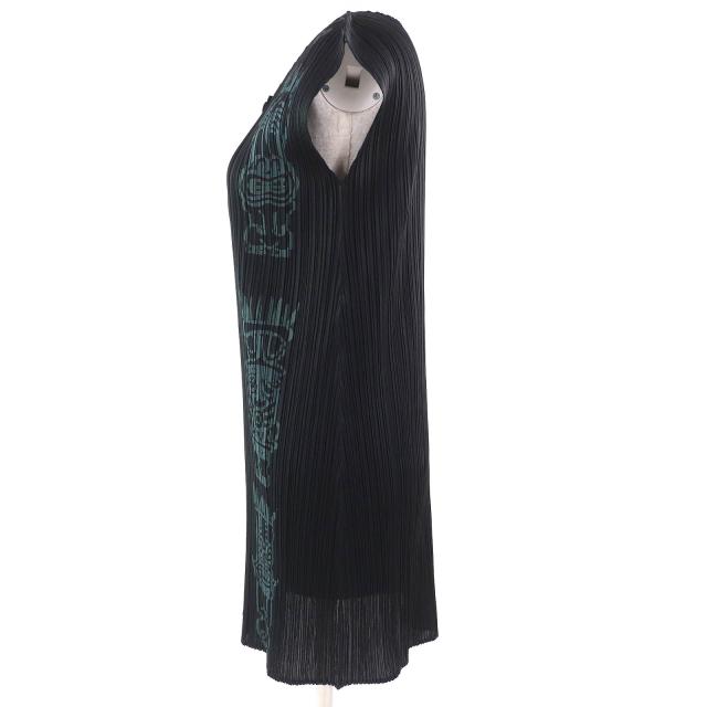 極美品△PLEATS PLEASE プリーツプリーズ イッセイミヤケ PP91-JK785 トーテムポール フレンチスリーブ ワンピース ブラック 3 正規品_1