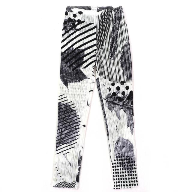 極美品△PLEATS PLEASE プリーツプリーズ イッセイミヤケ PP41-JF772 総柄デザイン パンツ ホワイト ブラック系 4 正規品 レディース