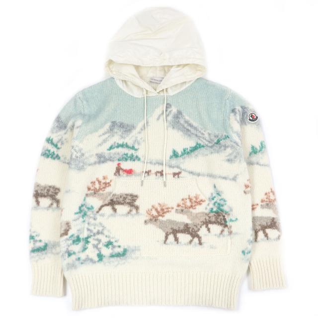 極美品□MONCLER モンクレール 2021年製 GIROCOLLO CON CAPPUCCIO TRICOT アルパカ ウール ニットパーカー アイボリー S 伊製 正規品
