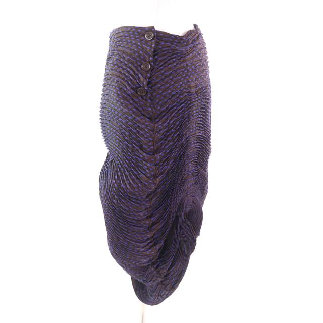 極美品★ISSEY MIYAKE イッセイミヤケ IM62FG565 3Dスチーム 膝丈 スカート パープル ブラウン 2 日本製 正規品 レディース_2