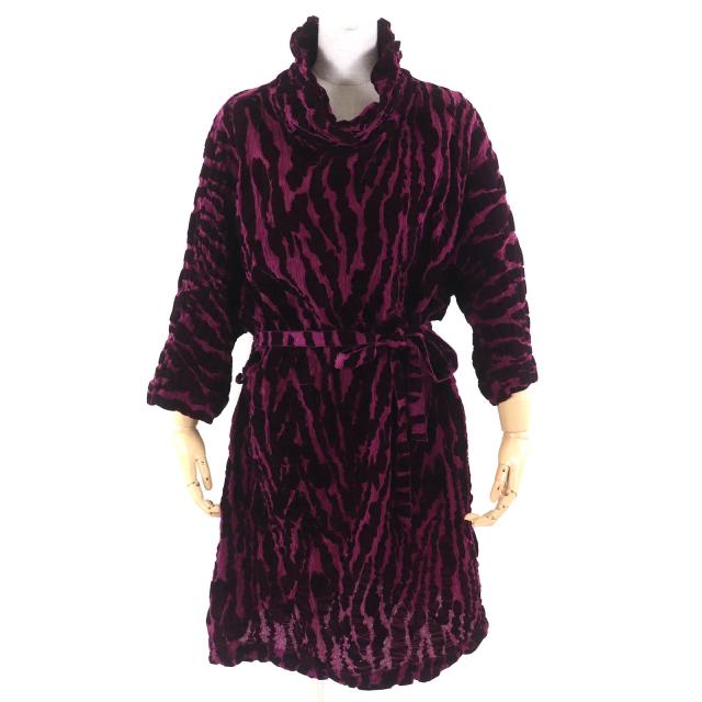 極美品△me ISSEY MIYAKE  ミーイッセイミヤケ ベルト付き 総柄 ベルベット切替 ハイネック 七分袖 ロング ワンピース 約Lサイズ 正規品