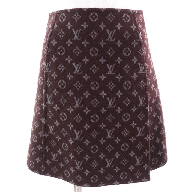 極美△LOUIS VUITTON ルイヴィトン 21AW 1A90Z6 モノグラム マルタンガール ウール シルク ロゴボタン ミニスカート ブラウン 34 正規品