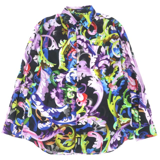 美品▼VERSACE ヴェルサーチ 2021年製 1000920 1A00628 リネン100% HERITAGE FIT 総柄 オーバーサイズ 長袖シャツ 41 正規品 メンズ