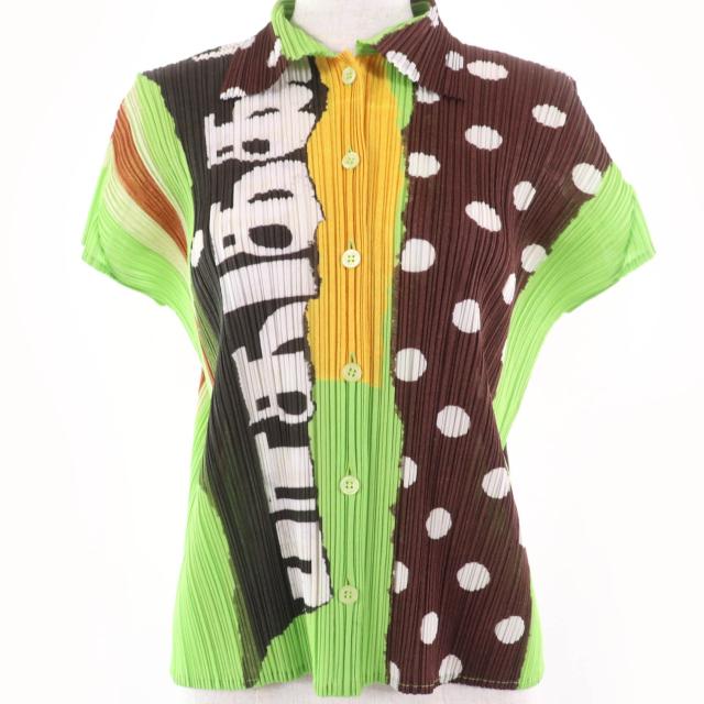 美品☆PLEATS PLEASE プリーツプリーズ イッセイミヤケ PP31-JJ902 総柄プリント 半袖シャツ マルチカラー 3 日本製 正規品 レディース