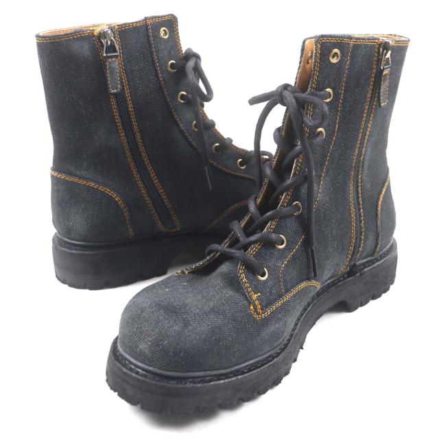美品▼GUCCI グッチ 761989 シェリーライン ウェブライン ヴィンテージ加工 サイドジップ レースアップ デニムブーツ 6.5 メンズ