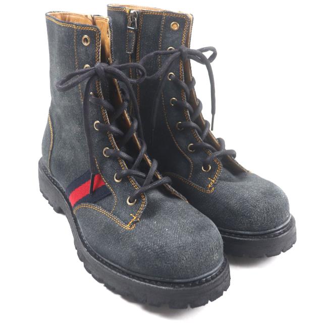 美品▼GUCCI グッチ 761989 シェリーライン ウェブライン ヴィンテージ加工 サイドジップ レースアップ デニムブーツ 6.5 メンズ