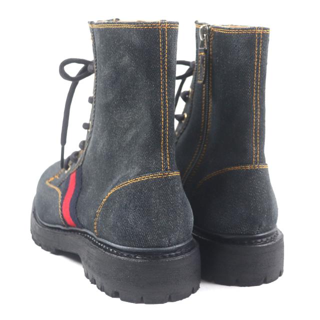 美品▼GUCCI グッチ 761989 シェリーライン ウェブライン ヴィンテージ加工 サイドジップ レースアップ デニムブーツ 6.5 メンズ