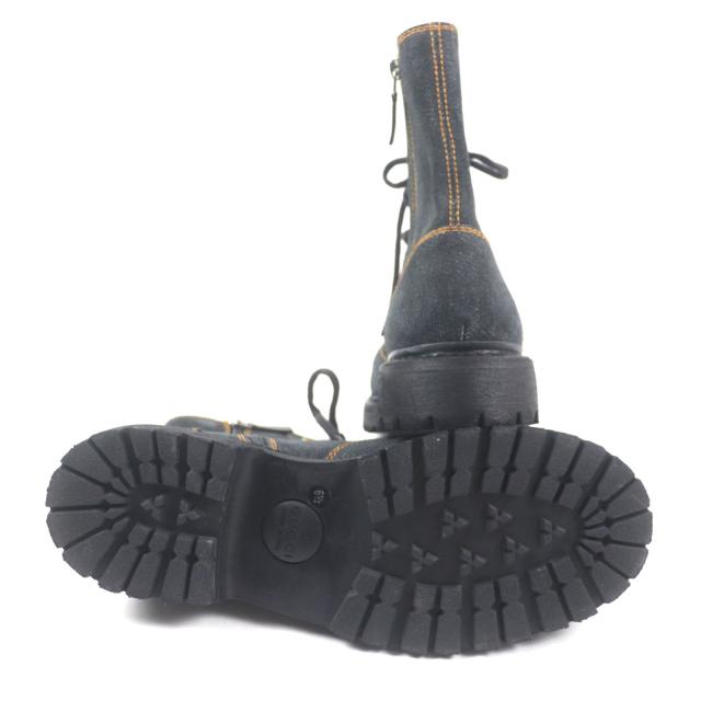 美品▼GUCCI グッチ 761989 シェリーライン ウェブライン ヴィンテージ加工 サイドジップ レースアップ デニムブーツ 6.5 メンズ