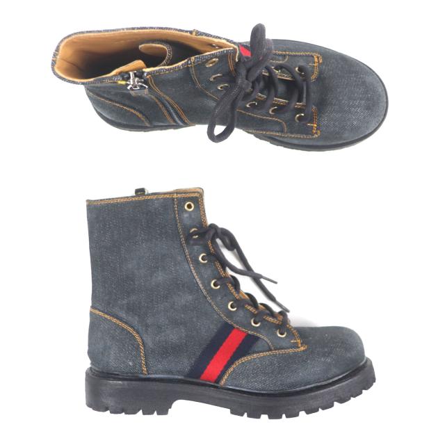 美品▼GUCCI グッチ 761989 シェリーライン ウェブライン ヴィンテージ加工 サイドジップ レースアップ デニムブーツ 6.5 メンズ