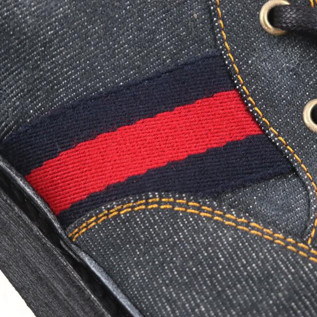 美品▼GUCCI グッチ 761989 シェリーライン ウェブライン ヴィンテージ加工 サイドジップ レースアップ デニムブーツ 6.5 メンズ