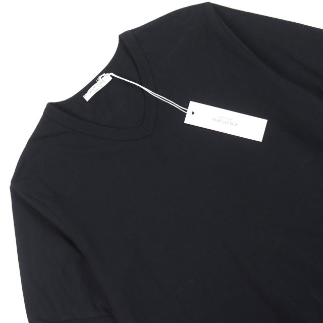 未使用品○ANTICIPO アンティーチポ INZOLIA インツォリア ロゴタグ付き スムースコットン Vネック リブ切替 半袖Ｔシャツ 黒 44 正規品_1