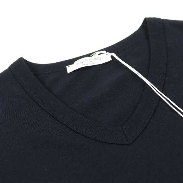 未使用品○ANTICIPO アンティーチポ INZOLIA インツォリア ロゴタグ付き スムースコットン Vネック リブ切替 半袖Ｔシャツ 黒 44 正規品_3