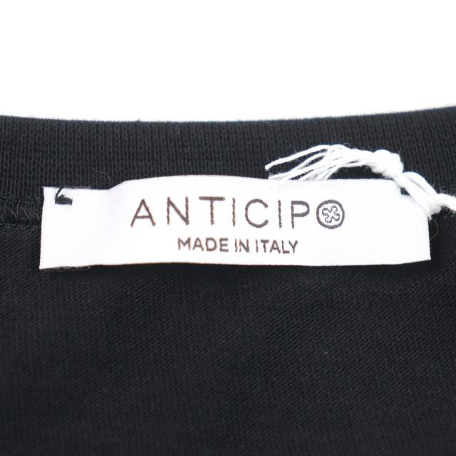 未使用品○ANTICIPO アンティーチポ INZOLIA インツォリア ロゴタグ付き スムースコットン Vネック リブ切替 半袖Ｔシャツ 黒 44 正規品_6