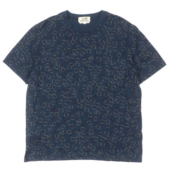 美品▼HERMES エルメス エトリエプリント 総柄 クルーネック ショートスリーブ 半袖Ｔシャツ ネイビー M イタリア製 正規品 メンズ