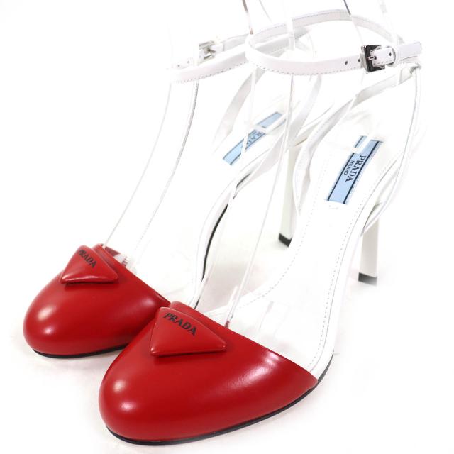 未使用品△PRADA プラダ 1I890M トライアングルロゴ ストラップ レザー パンプス ROSSO BIANCO 37.5 箱・保存袋付 イタリア製 レディース