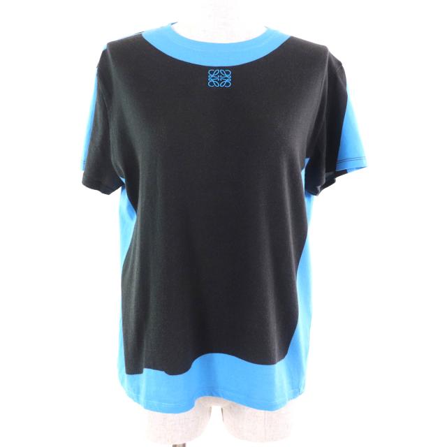 美品★LOEWE ロエベ S359Y22X45 コットン100％ アナグラム刺繍入り クルーネック 半袖Ｔシャツ ブラック ライトブルー M 正規品