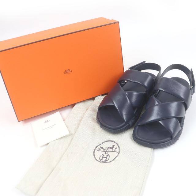 美品□HERMES エルメス 2023年製 エレクトリック レザー ストラップ サンダル 　ネイビー 42 箱・保存袋付き イタリア製 メンズ オススメ_1