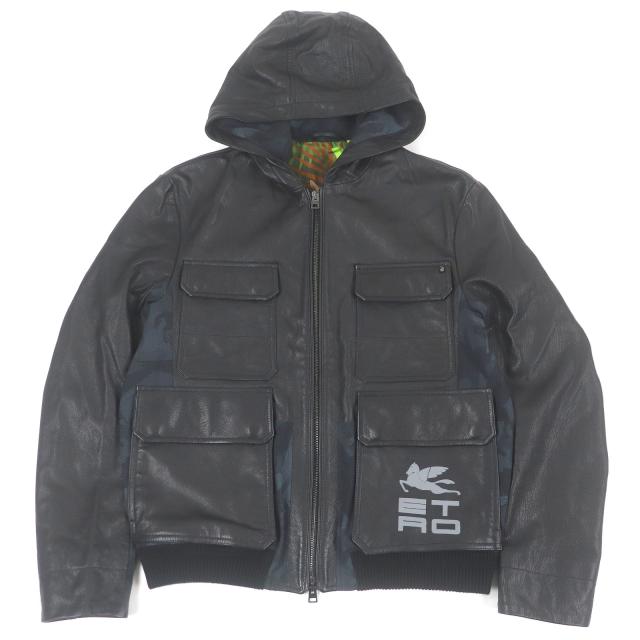 極美品□ETRO エトロ 22SS ナイロン切替 ヤギ革 フーデッド レザージャケット ブルゾンジャケット ブラック S イタリア製 正規品 メンズ