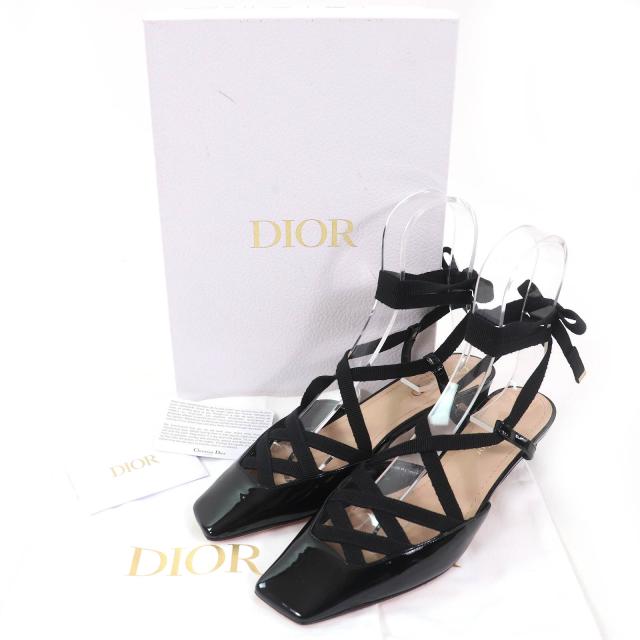 未使用品△Christian Dior クリスチャンディオール D-ENVOL パテントレザー スクエアトゥ レースアップ パンプス ブラック 36 箱・袋付き_1