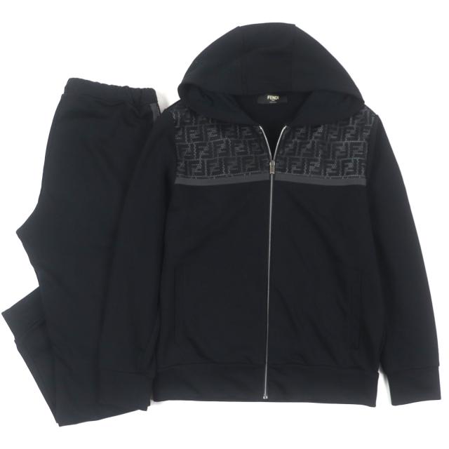 極美品▼FENDI フェンディ FAF526 FAB515 メッシュ FFロゴ ズッカ柄 パーカー スウェットパンツ セットアップ ブラックM 正規品 メンズ
