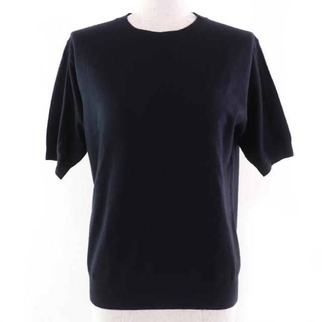 美品△PRADA プラダ 2023年製 P24D2Q カシミヤ100％ クルーネック 半袖 ニット セーター ネイビー 36 イタリア製 正規品 