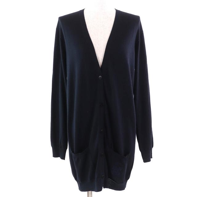 美品△HERMES エルメス カシミヤ シルク ポケットロゴ刺繍 ロゴボタン Vネック 長袖 ロング カーディガン ネイビー 34 伊製 レディース