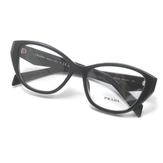極美品□PRADA プラダ VPR21Z-F トライアングルロゴ キャットアイ メガネ 眼鏡 アイウェア ブラック 55□16 ケース付 イタリア製 メンズ