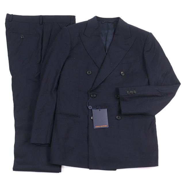 極美品○LOUIS VUITTON ルイヴィトン 22AW LVロゴボタン レザーパッチ付き 裏地ロゴ総柄 ダブルブレスト スーツ 48 正規品　 メンズ