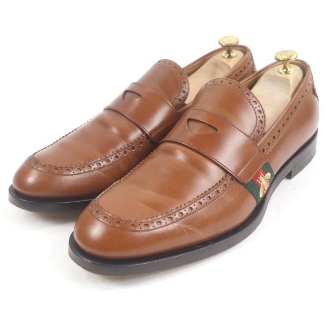 美品□GUCCI グッチ 450990 レザー Bee刺繍 ウェブライン ローファー ペニーローファー ブラウン 9 箱付き イタリア製 メンズ