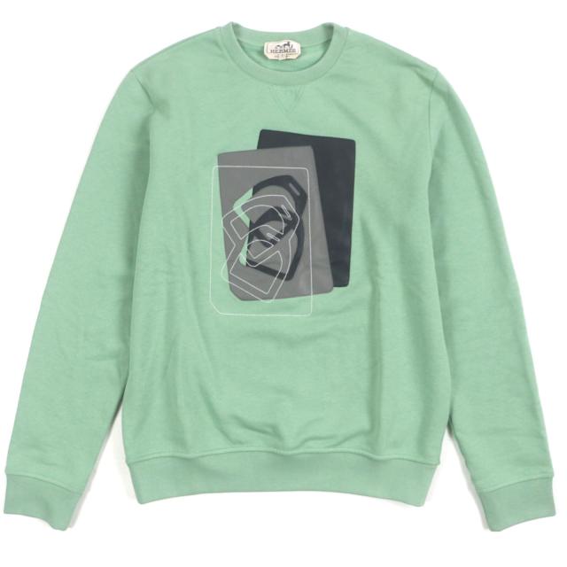 極美品▼HERMES エルメス 23AW レザー使い エトリエ クルーネック プルオーバー 裏起毛 スウェット グリーン S イタリア製 正規品 メンズ