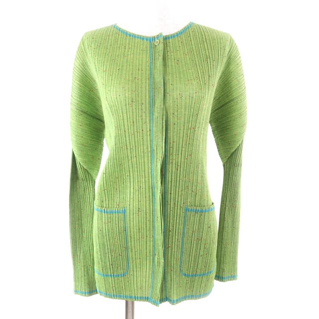 極美品★PLEATS PLEASE プリーツプリーズ イッセイミヤケ PP12-JD265 ツイード転写プリント 長袖 カーディガン グリーン 3 日本製 正規品