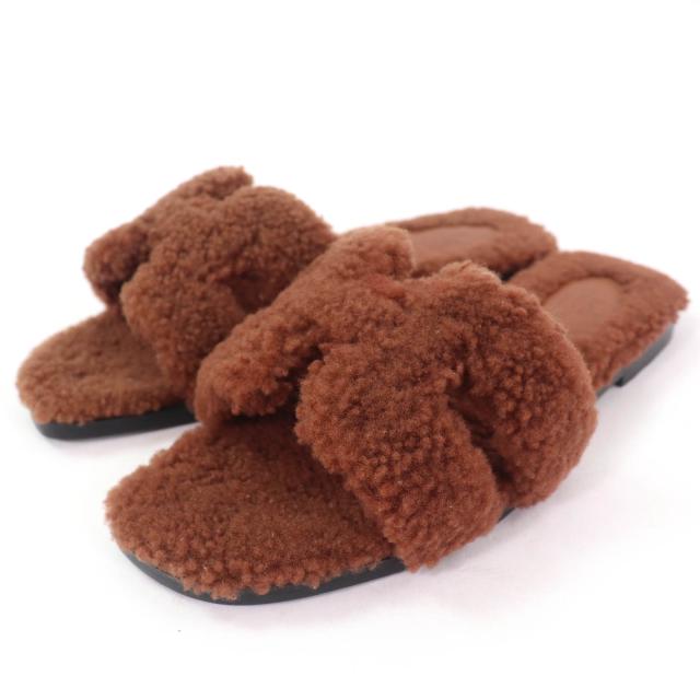 極美品☆HERMES エルメス オラン ムートン ミュール フラット サンダル ブラウン 36 箱・保存袋付き イタリア製 レディース