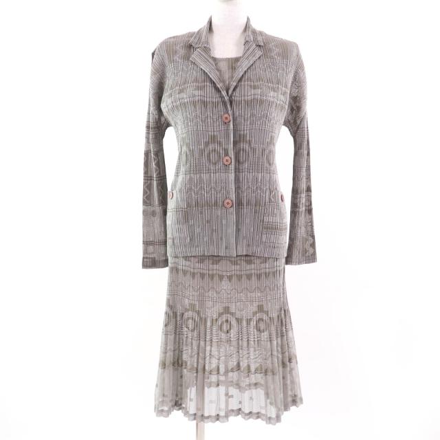 極美品☆PLEATS PLEASE プリーツプリーズ イッセイミヤケ 幾何学模様 アンサンブル スカート セットアップ グレー系 3 日本製 レディース