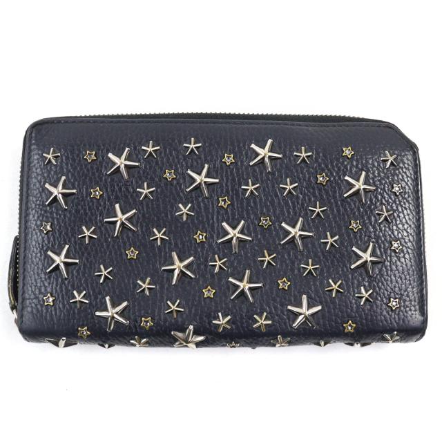 【ドンドン見直し】人気○JIMMY CHOO ジミーチュウ カーフレザー クリスタルスタースタッズ付き ラウンドジップ ウォレット 長財布