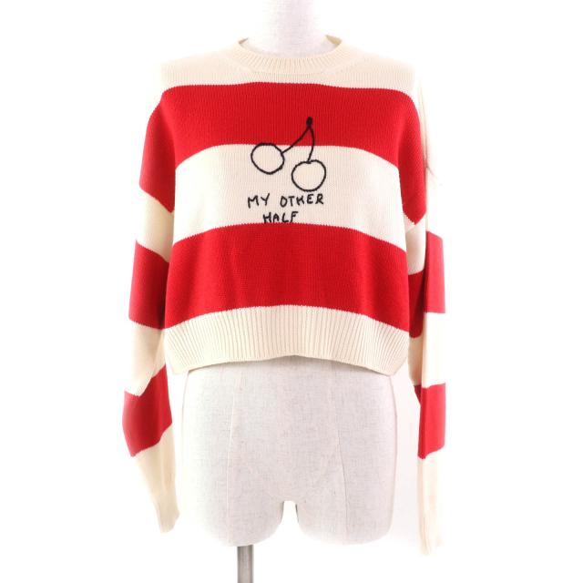 美品★Miu Miu ミュウ ミュウ MML304 ウール100% チェリー刺繍 ボーダー クロップド 長袖 ニット セーター レッド アイボリー 38 正規品