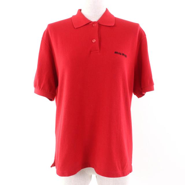 極美品★Miu Miu ミュウ ミュウ 2023年製 MJN535 コットンピケ ポロシャツ ロゴ刺繍入り 半袖ポロシャツ レッド XS 定価156200円